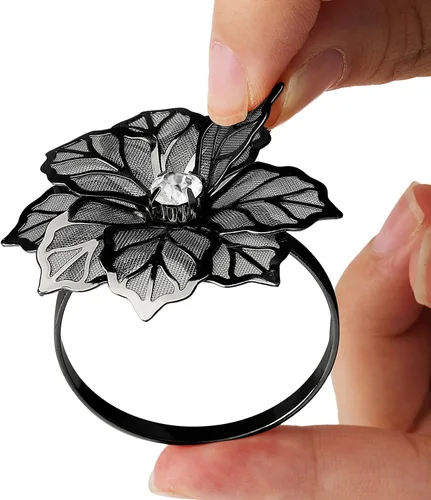 Vista 4 de KPOSIYA - Juego de 12 servilleteros de flores, servilleteros de metal negro, para boda, fiesta, día festivo, banquete de Navidad, cena, delicados