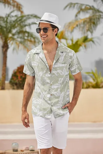 Vista 3 de COOFANDY - Camisas hawaianas de algodón y lino florales tropicales con botones para hombre