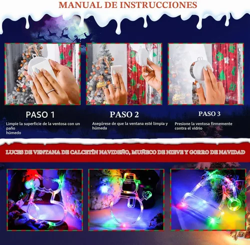 Vista 7 de LOLStar Luces de ventana de Navidad, paquete de 3 medias de Navidad multicolor, muñeco de nieve, luces de sombrero de Papá Noel con ventosa, función