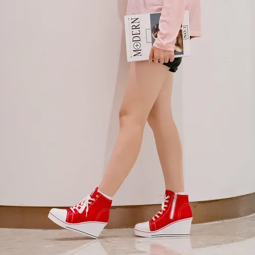 Vista 7 de Hurriman Wedge Sneakers for Women, High Heel Platform High Top Canvas Shoes Lace up Zipper Fashion Sneakers, Tenis Zapatos de Cuña Plataforma Tacón