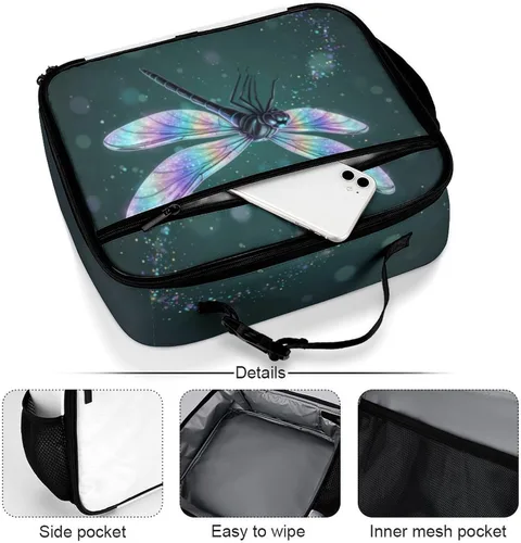 Vista 4 de Lonchera reutilizable de libélula con aislamiento, bolsa enfriadora, lonchera para comida y comida, bolsa de mano para mujeres, niños, niñas