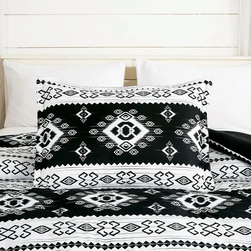 Vista 9 de Chezmoi Collection Indie - Juego de edredón azteca del suroeste de 7 piezas, ropa de cama de microfibra lavada con símbolos geométricos en blanco