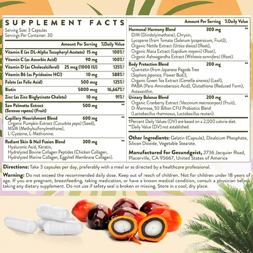 Vista 6 de Saw Palmetto para la pérdida de cabello de las mujeres, bloqueador DHT con mezcla 5 en 1 para el crecimiento del cabello, la piel y las uñas