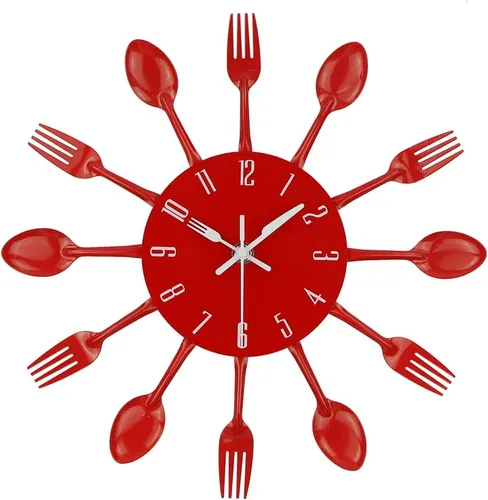 Vista 9 de Reloj de pared de cocina Timelike, reloj de cocina de cubertería 3D extraíble moderno creativo, cuchara y tenedor, reloj de pared con espejo Negro
