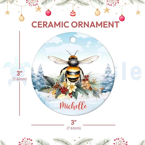 Vista 3 de Hyturtle Adorno de Navidad personalizado, con nombre personalizado, círculo de cerámica, para amantes de las abejas, decoración de árbol, regalo