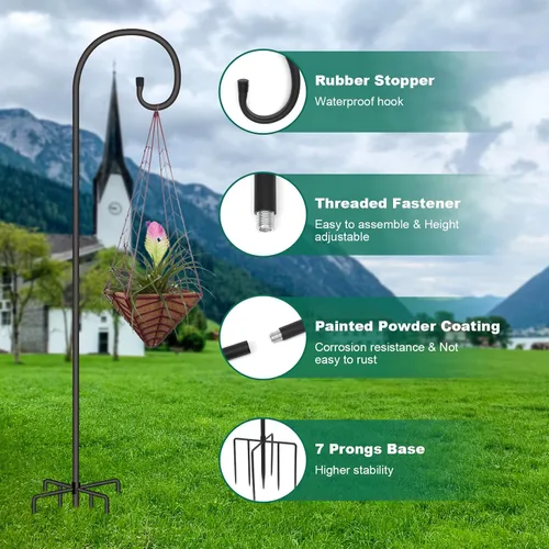 Vista 3 de Gancho de pastor ajustable para exteriores de 76 pulgadas con base de 7 puntas, 5/8 pulgadas de grosor resistente para colgar comedero de pájaros