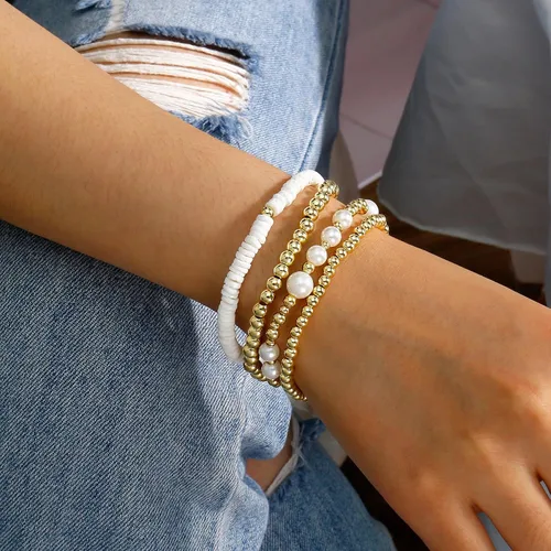 Vista 4 de Pulsera de cuentas de oro para mujer, apilable, chapada en perlas, juego de pulseras elásticas para mujer, a la moda