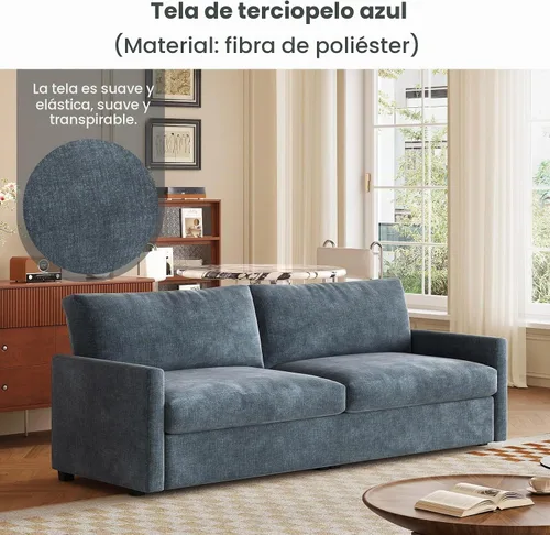 Vista 3 de Sofá biplaza azul de 70.07 pulgadas, sofá de asiento profundo tapizado para espacios pequeños, sofá de 2 plazas, terciopelo azul de poliéster suave