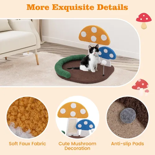 Vista 7 de Tangkula Cama para Gatos en Forma de Seta, Rascador para Gatos con Plataforma Amplia y Elevada, Panel de Rascado de Sisal, Bola de Resorte