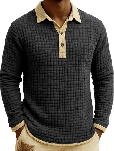Vista 45 de Polo de punto para hombre, manga larga, ligero, informal, con cuello