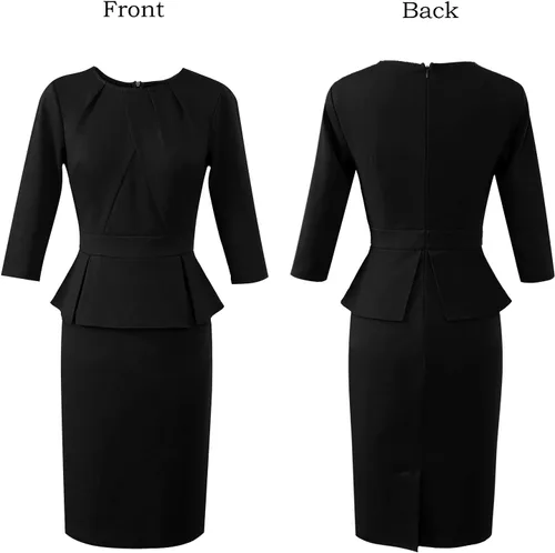 Vista 4 de VFSHOW - Vestido ajustado con cuello redondo plisado para mujer, de trabajo y oficina