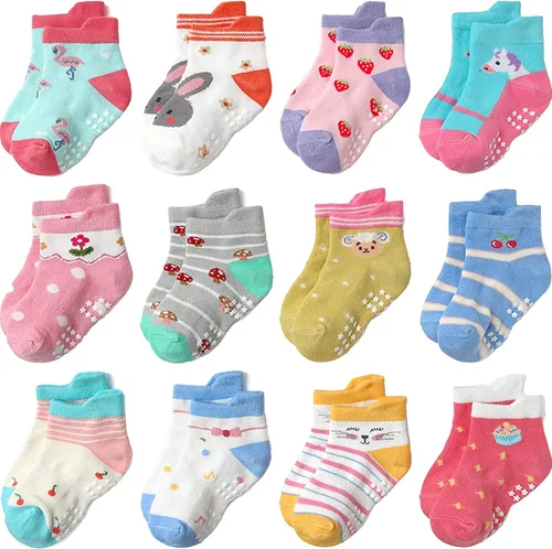 Vista 31 de Calcetines antideslizantes con agarre para tobillos, paquete de 12 unidades para niños pequeños, niños y niñas, lindos calcetines de algodón