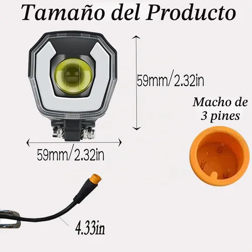 Vista 5 de Faro eléctrico para bicicleta de noche, conector macho de 3 pines, luz delantera LED, 24 V, 36 V, 48 V, 52 V, impermeable, ultra brillante, luz