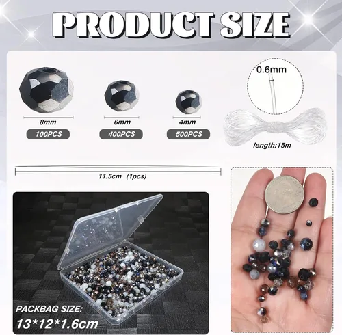 Vista 2 de TOAOB - 1000 cuentas facetadas de vidrio de 0.157 in, 0.236 in, 0.315 in, cuentas espaciadoras negras brillantes y Rondelle para manualidades