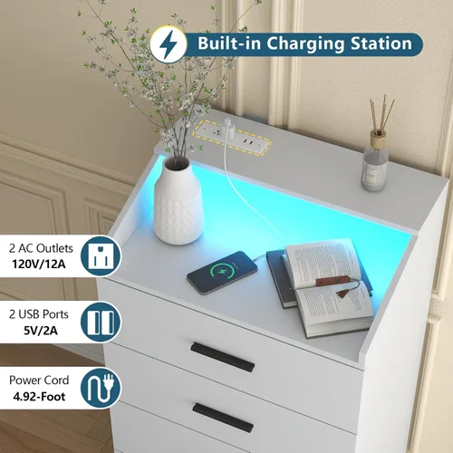 Vista 4 de Gyfimoie Cómoda de 3 cajones para dormitorio con toma de corriente, cómoda blanca con luz LED, cómodas modernas con cubículo de almacenamiento