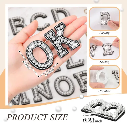 Vista 3 de 52 piezas de diamantes de imitación de letras de perlas A-Z suministros de regreso a casa, color negro Rhinestone Letter Patches, A-Z Alphabet