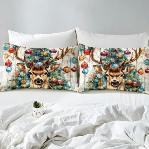 Vista 5 de Juego de funda de edredón con diseño de ciervo de cabaña, tamaño twin, juego de ropa de cama rústica de tablón de madera de árbol de Navidad