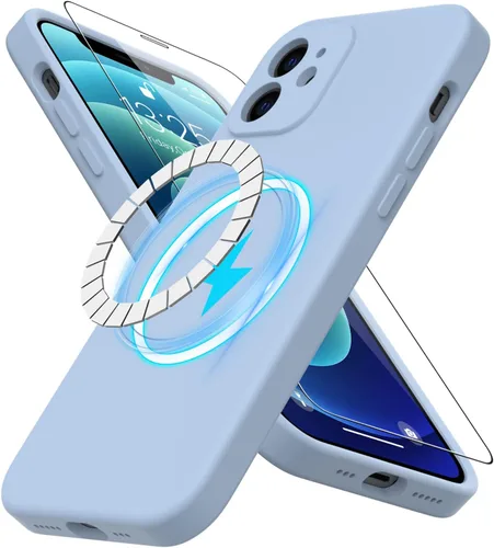 Vista 64 de DEENAKIN Funda magnética de silicona para iPhone 12 Pro con protector de pantalla, compatible con MagSafe, protección de cámara, funda protectora