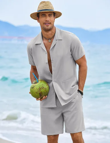 Vista 2 de COOFANDY Conjunto de camisa de 2 piezas para hombre, ajuste regular, manga corta, con botones, informal, para playa, pantalones cortos