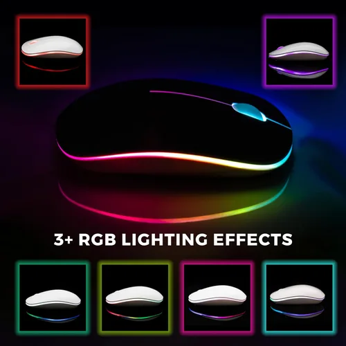 Vista 2 de Mouse inalámbrico – Silencioso, recargable, luz RGB, USB de 2.4 GHz, mouse delgado ergonómico para laptop, Mac, oficina, PC