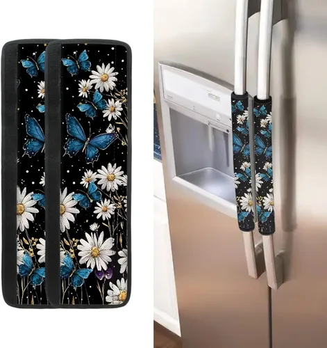 Vista 25 de Juego de 2 fundas para manija de puerta de refrigerador con estampado de copos de nieve de aguacate, protector de manija de puerta de cocina lavable