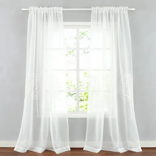 Vista 2 de VOGOL Cortinas traslúcidas blancas de 84 pulgadas de largo, cortinas de gasa ligeras bordadas de árbol para granja, 2 paneles de estilo campestre