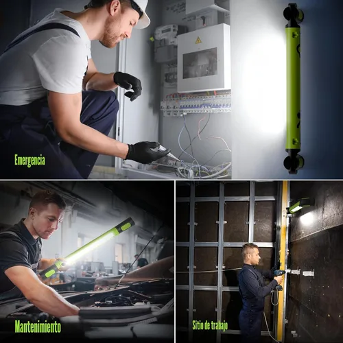 Vista 7 de Paquete de 2 luces de trabajo mecánicas, barra LED recargable de 3000 lm, portátil, magnético, ganchos, linterna SOS Verde 2