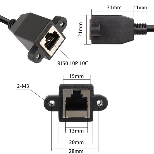 Vista 3 de QIANRENON Cable de extensión Ethernet de montaje en panel RJ50 10P10C de 90°, 10P 10C hembra a macho en ángulo recto, Cat5E, blindado, 11.8 in/11.8