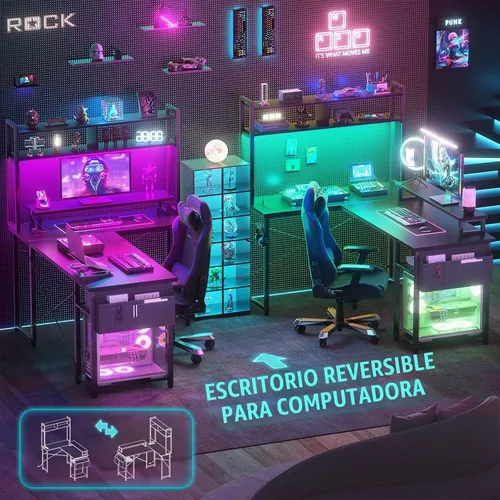 Vista 6 de Aheaplus Escritorio pequeño en forma de L para gaming con luces LED y tomas de corriente, escritorio reversible en forma de L para computadora