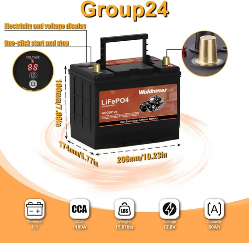 Vista 2 de Batería de litio de alto rendimiento para coche - G24 12V 60Ah con 1100CCA para sistemas de parada y arranque Auto