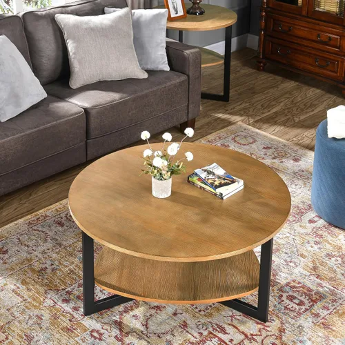 Vista 4 de Mesa de centro redonda para sala de estar, mesa de cóctel grande de 35.3 pulgadas con estante de almacenamiento, mesa de té central de madera