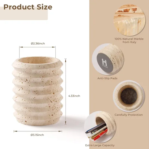 Vista 2 de Soporte para bolígrafos para escritorio, piedra de travertino natural, soporte para brochas de maquillaje, vaso moderno y funcional para lápices