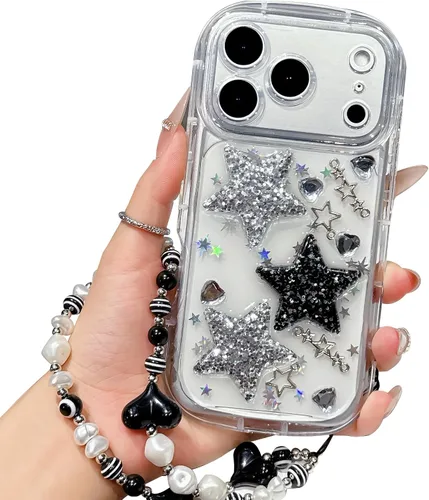 Vista 10 de Compatible con iPhone 11 Pro Funda Transparente Bonita con Diseño de Estrella con Purpurina en 3D con Perlas y Pulsera de Perlas, Diseño de Cadena