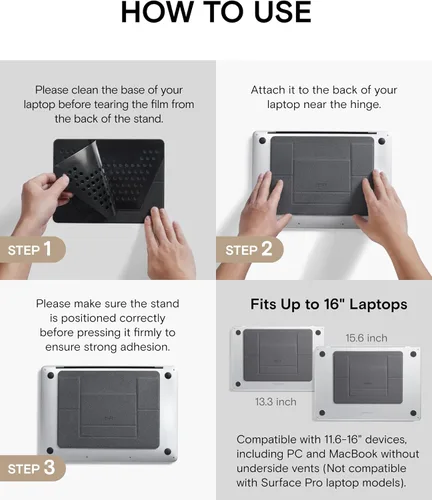 Vista 8 de MOFT Soporte para computadora portátil para escritorio, soporte adhesivo para computadora MacBook con 2 ángulos de visión ajustables, elevador Negro