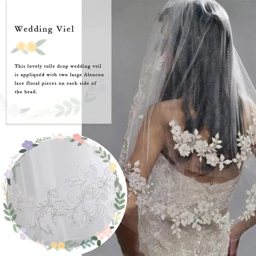 Vista 2 de Salliy Apliques de encaje de doble capa para novia de boda con peine encaje de flores y capilla de perlas marfil