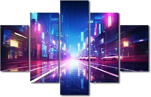 Vista 74 de Póster de 5 paneles en lienzo para decoración de pared, diseño de centro urbano Cyberpunk, impresión moderna, decoración de pared para el hogar