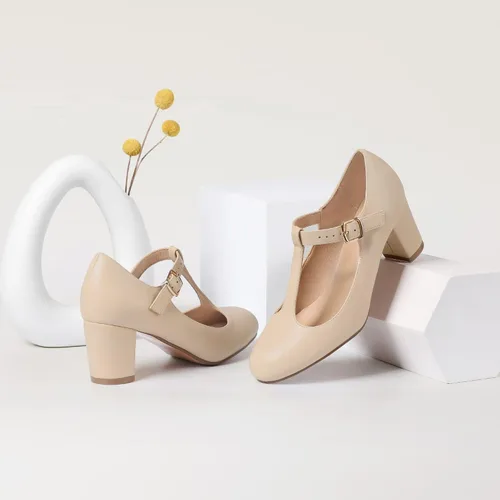 Vista 3 de IDIFU Zapatos de vestir para mujer, zapatos de vestir Mary Jane, zapatos de vestir bajos y gruesos con correa en T, zapatos de boda para novia
