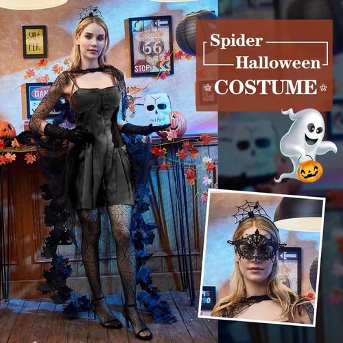 Vista 6 de Toulite Juego de 8 piezas de disfraz de telaraña de Halloween para mujer, incluye tela de araña negra, capa de encaje negro, guantes y medias