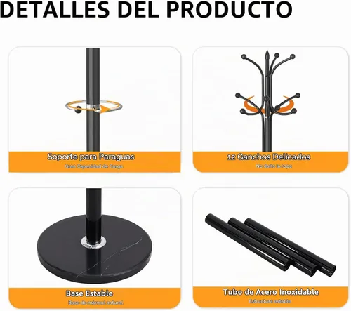 Vista 2 de ZOZOE Perchero de Metal con Soporte, Perchero Moderno Independiente con Base de Mármol Natural, Percheros Resistentes con 12 Ganchos y Negro