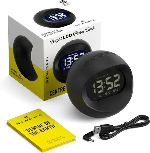 Vista 9 de NEWGATE® Reloj despertador Centre of The Earth Reloj LCD digital retro redondo Negro Ideal para mesita de noche, escritorio o estante