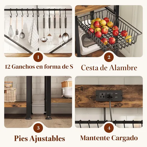 Vista 6 de GRUSIGN Estante para hornear de cocina con almacenamiento, estación de barra de café de 6 niveles con toma de corriente, soporte para microondas