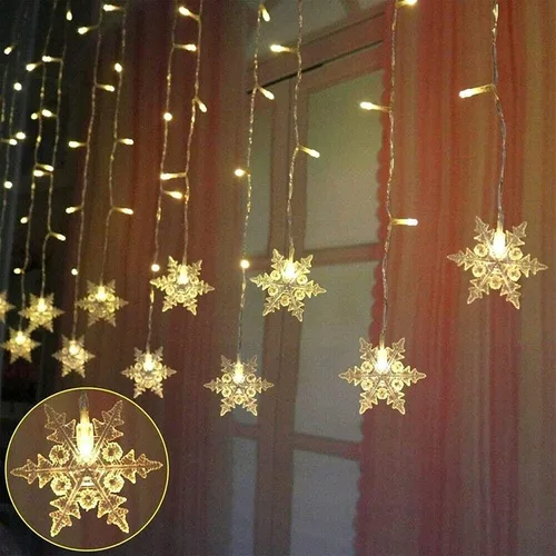 Vista 3 de Guirnalda de luces LED para cortina, 96 luces LED colgantes de hadas impermeables, luces de copo de nieve de Navidad con control inalámbrico