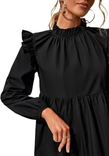 Vista 5 de SheIn Vestido tipo túnica para mujer, holgado, cuello alto, vestido por debajo de la rodilla, manga larga, dobladillo con volantes, vestido de cambio