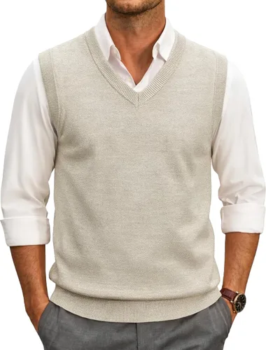 Vista 12 de COOFANDY Suéter sin mangas para hombre, chaleco con cuello en V, jersey de algodón sólido Azul claro