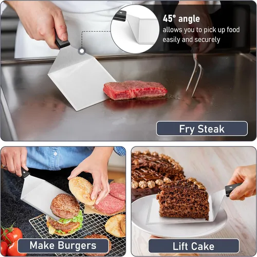 Vista 6 de HaSteeL - Juego de 2 espátulas de metal grandes de acero inoxidable con mango de ABS, resistente para hamburguesas y panqueques, ideal para cocinar