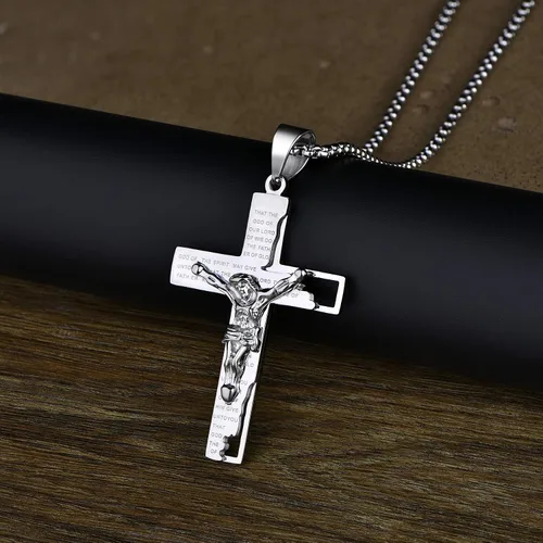 Vista 4 de YL Collar de cruz de acero inoxidable con colgante de crucifijo para hombre cadena Rolo de Jesucristo joyería de oración del Señor
