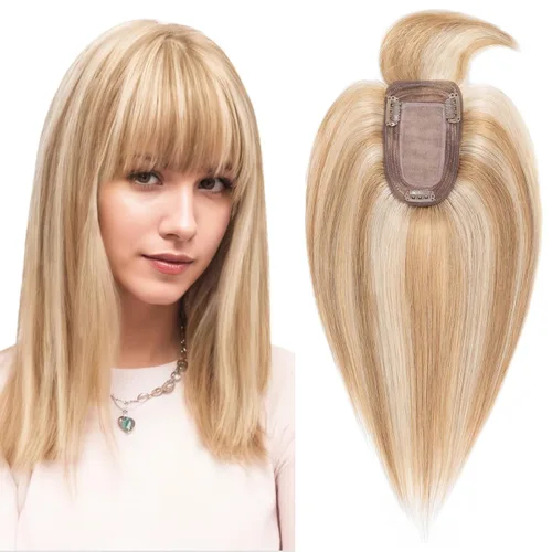Vista 29 de Benehair Peluca de cabello con clip con flequillo, peluca secreta de cabello 100% humano, postizo superior con flecos, peluca de repuesto