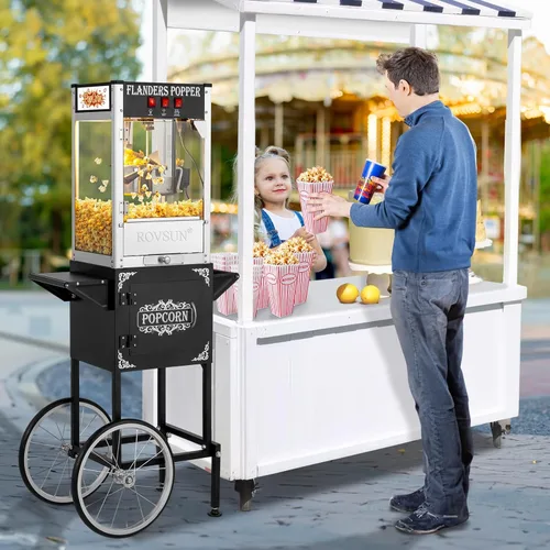 Vista 8 de Máquina de palomitas de maíz ROVSUN con carrito, ruedas y hervidor de 8 onzas, hace hasta 32 tazas, máquina de palomitas con cuchara para palomitas