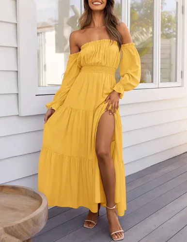 Vista 105 de ZESICA - Vestido largo, bohemio y sexy, con hombros descubiertos y manga larga fruncida, con elástico fruncido, cintura alta y abertura lateral