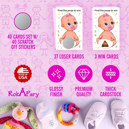 Vista 3 de RokAPary Baby Shower Girl Scratch Off Poop Game - Juego fácil de jugar, idea divertida, actividad rompehielos. Tarjetas de rifa, chupete rosa, juego